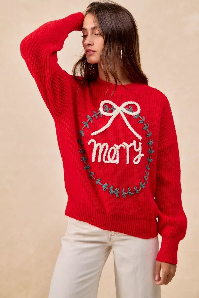 BiBi Christmas Wreath Merry Letter Knit Top - Bitsy Gypsy Boutique