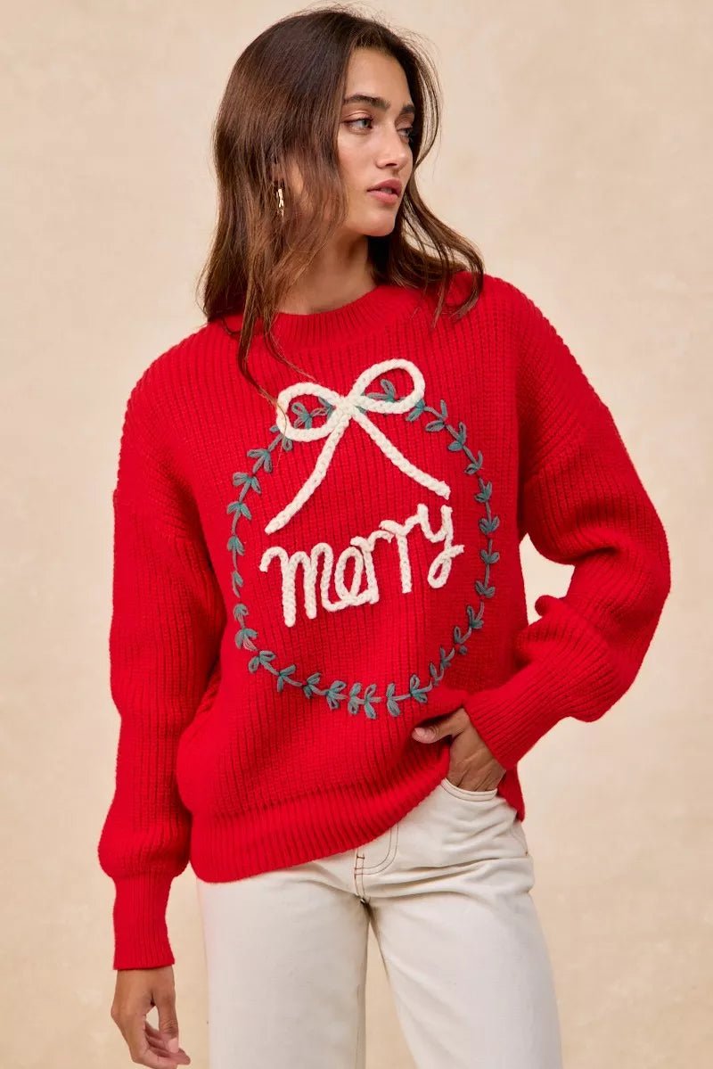 BiBi Christmas Wreath Merry Letter Knit Top - Bitsy Gypsy Boutique