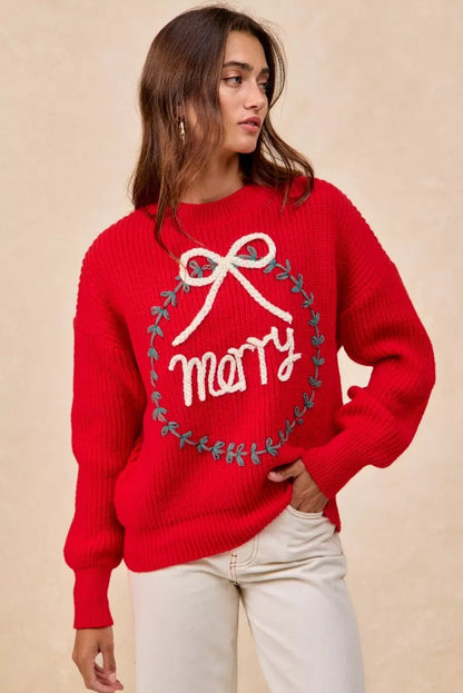 BiBi Christmas Wreath Merry Letter Knit Top - Bitsy Gypsy Boutique