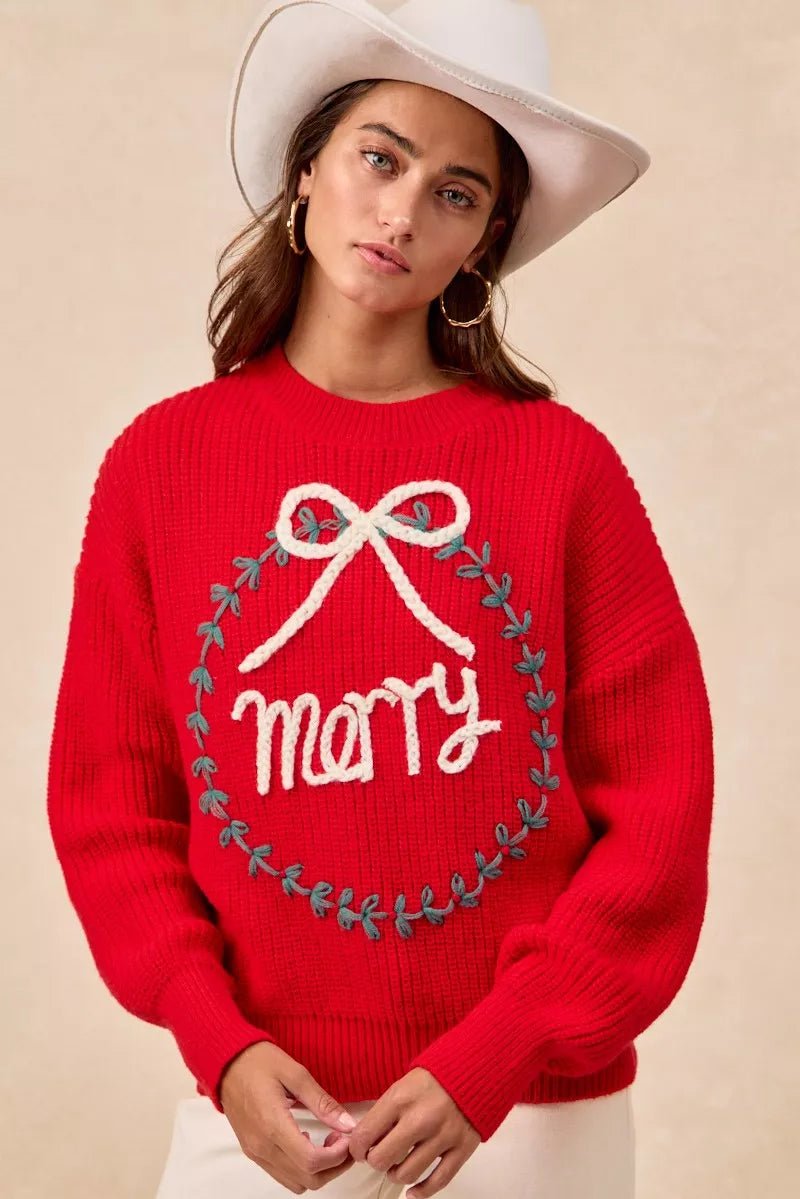 BiBi Christmas Wreath Merry Letter Knit Top - Bitsy Gypsy Boutique