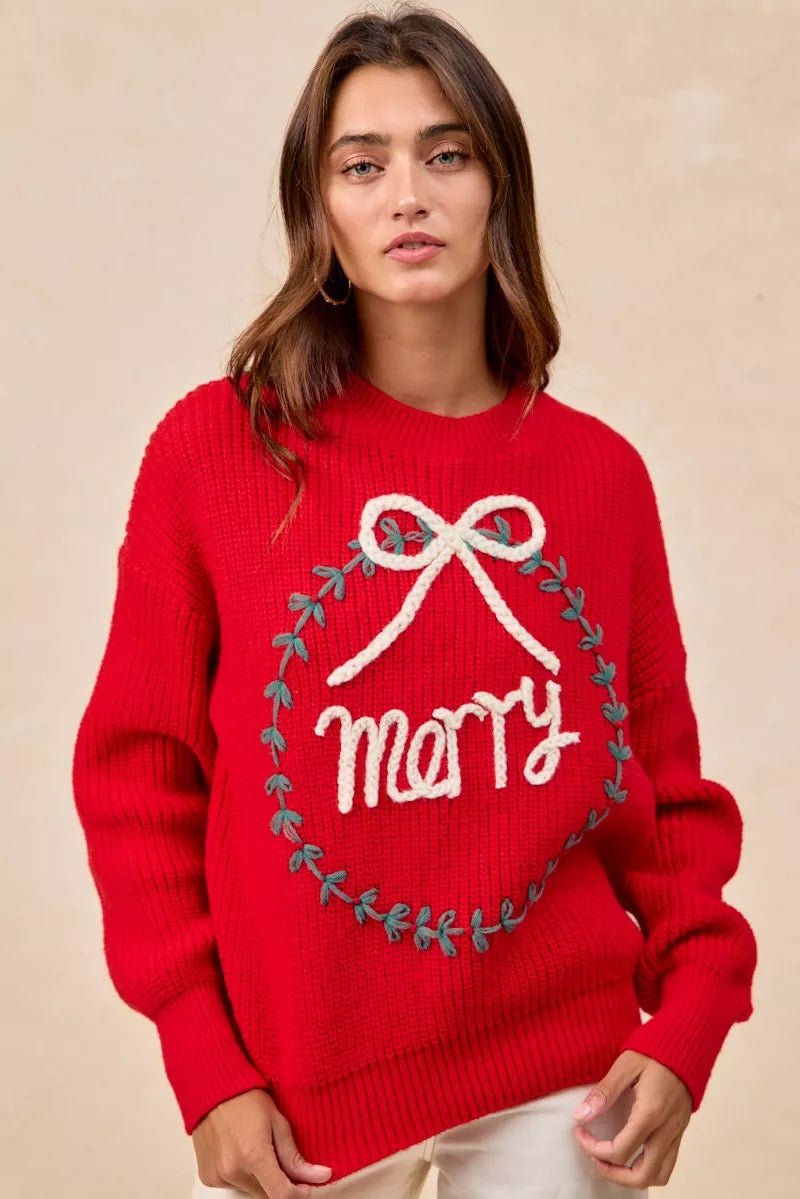 BiBi Christmas Wreath Merry Letter Knit Top - Bitsy Gypsy Boutique