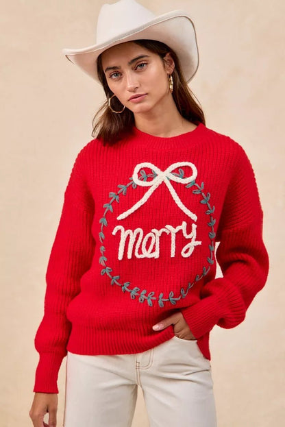 BiBi Christmas Wreath Merry Letter Knit Top - Bitsy Gypsy Boutique