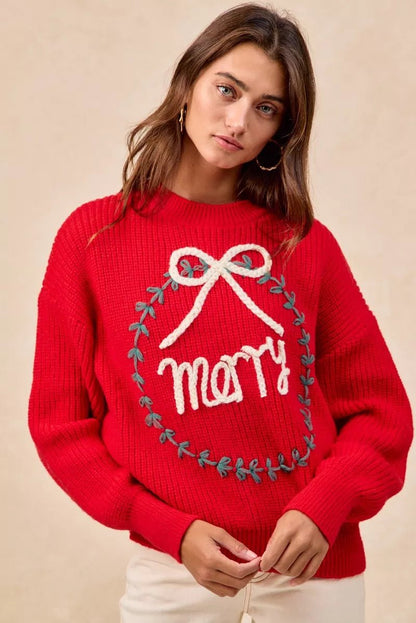 BiBi Christmas Wreath Merry Letter Knit Top - Bitsy Gypsy Boutique
