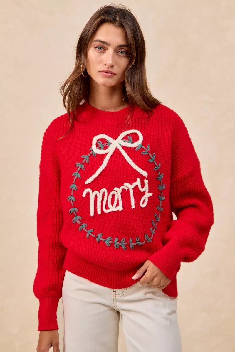 BiBi Christmas Wreath Merry Letter Knit Top - Bitsy Gypsy Boutique