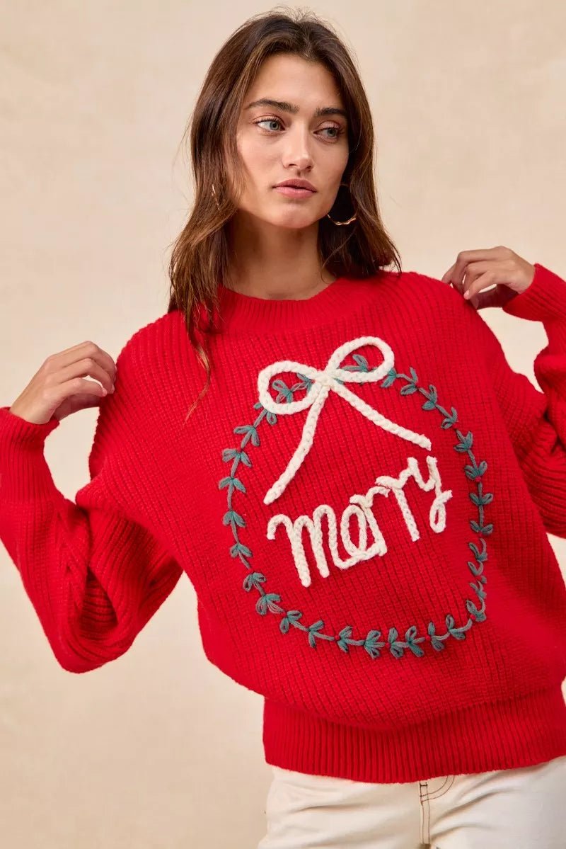 BiBi Christmas Wreath Merry Letter Knit Top - Bitsy Gypsy Boutique