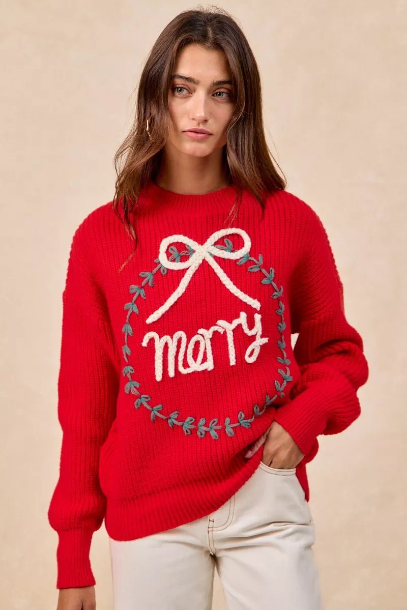 BiBi Christmas Wreath Merry Letter Knit Top - Bitsy Gypsy Boutique