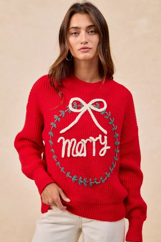 BiBi Christmas Wreath Merry Letter Knit Top - Bitsy Gypsy Boutique