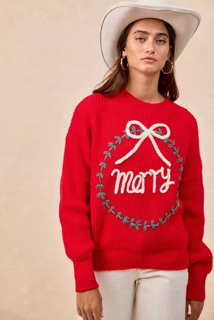 BiBi Christmas Wreath Merry Letter Knit Top - Bitsy Gypsy Boutique