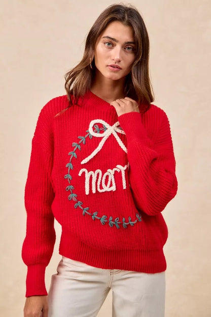 BiBi Christmas Wreath Merry Letter Knit Top - Bitsy Gypsy Boutique