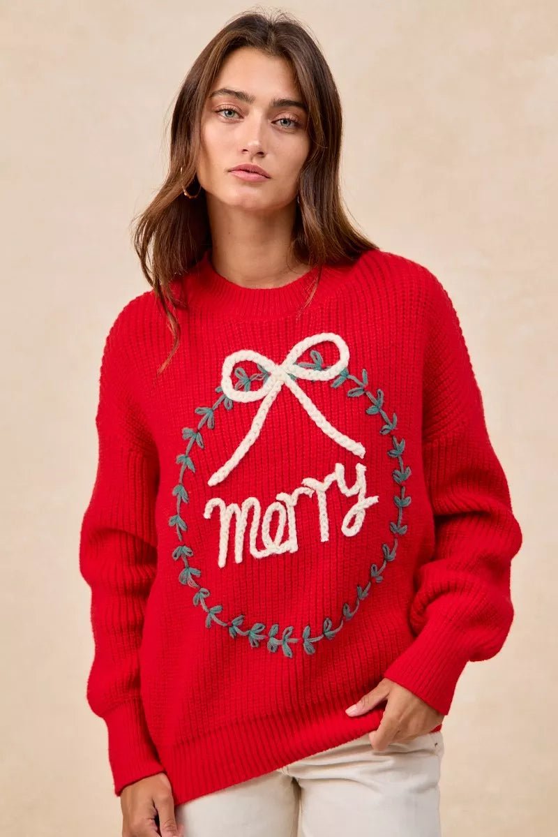 BiBi Christmas Wreath Merry Letter Knit Top - Bitsy Gypsy Boutique