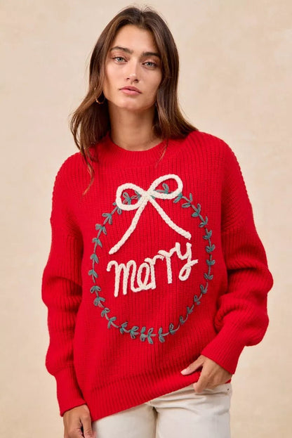 BiBi Christmas Wreath Merry Letter Knit Top - Bitsy Gypsy Boutique