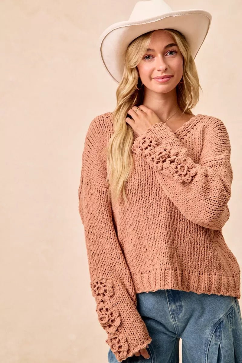 BiBi Chunky Knit Sweater with Flower Detail Sleeves - Bitsy Gypsy Boutique