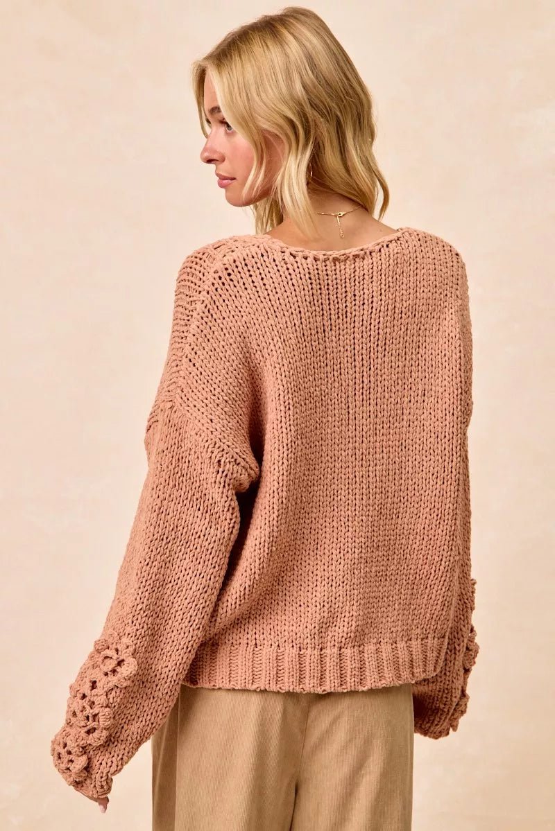 BiBi Chunky Knit Sweater with Flower Detail Sleeves - Bitsy Gypsy Boutique