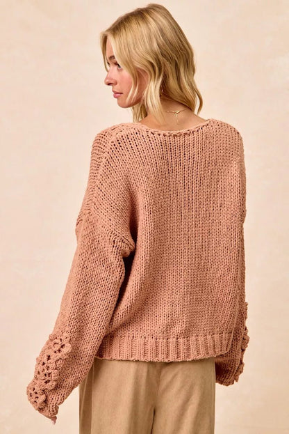 BiBi Chunky Knit Sweater with Flower Detail Sleeves - Bitsy Gypsy Boutique