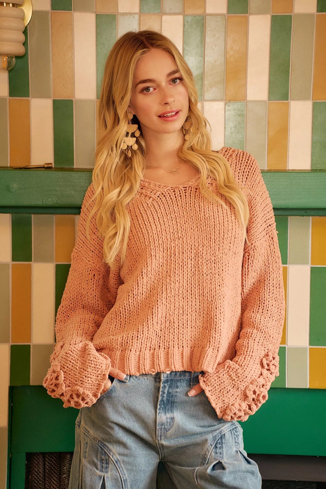 BiBi Chunky Knit Sweater with Flower Detail Sleeves - Bitsy Gypsy Boutique