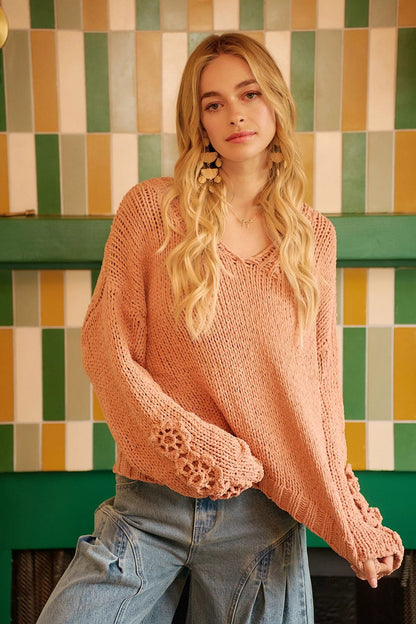 BiBi Chunky Knit Sweater with Flower Detail Sleeves - Bitsy Gypsy Boutique