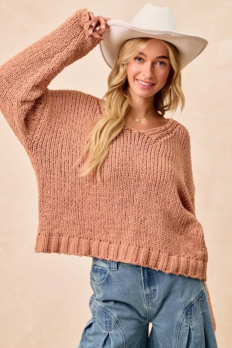 BiBi Chunky Knit Sweater with Flower Detail Sleeves - Bitsy Gypsy Boutique