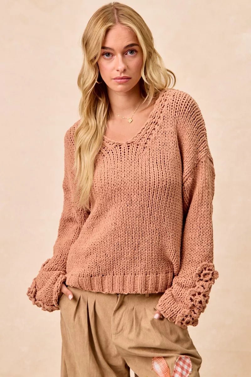 BiBi Chunky Knit Sweater with Flower Detail Sleeves - Bitsy Gypsy Boutique