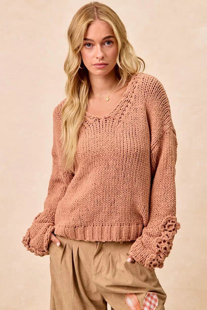 BiBi Chunky Knit Sweater with Flower Detail Sleeves - Bitsy Gypsy Boutique