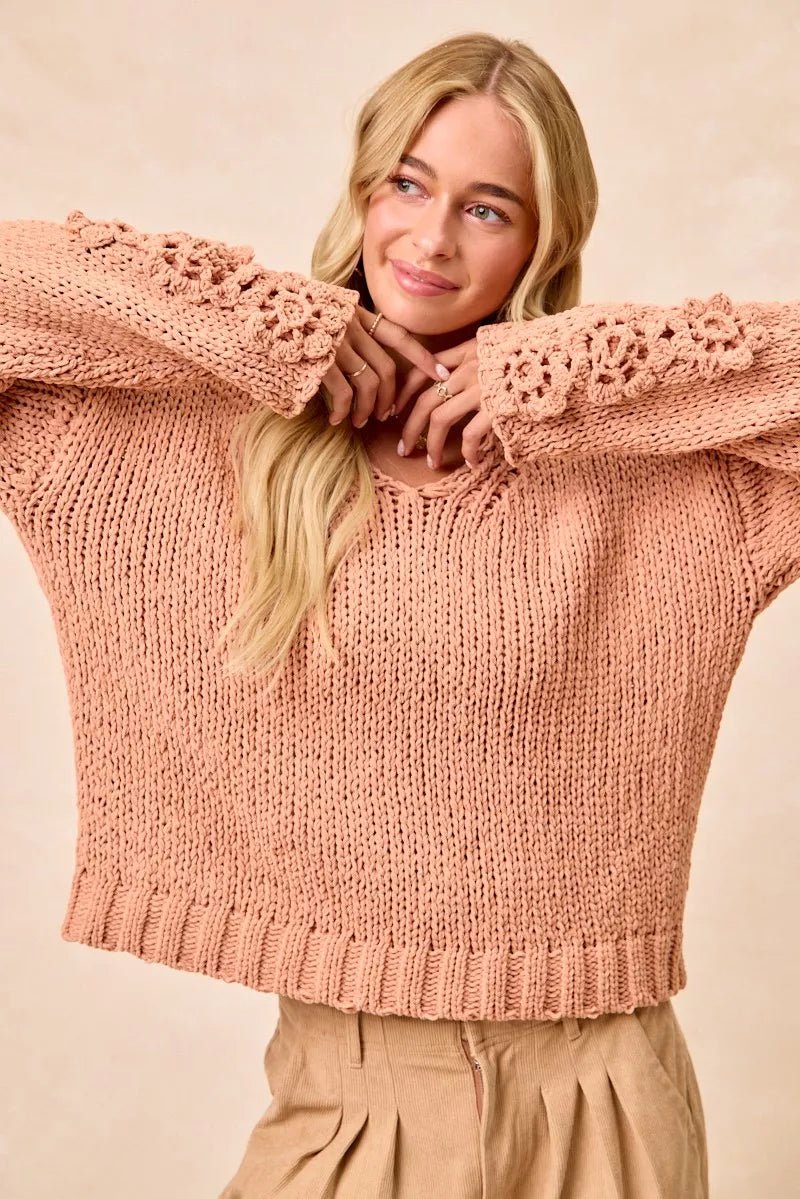BiBi Chunky Knit Sweater with Flower Detail Sleeves - Bitsy Gypsy Boutique