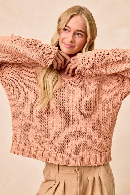 BiBi Chunky Knit Sweater with Flower Detail Sleeves - Bitsy Gypsy Boutique