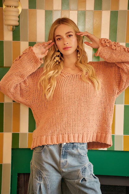 BiBi Chunky Knit Sweater with Flower Detail Sleeves - Bitsy Gypsy Boutique
