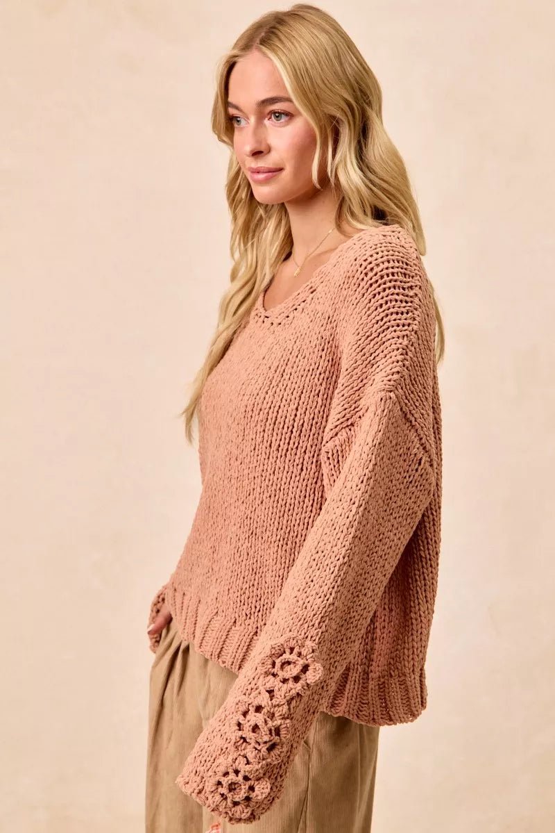 BiBi Chunky Knit Sweater with Flower Detail Sleeves - Bitsy Gypsy Boutique