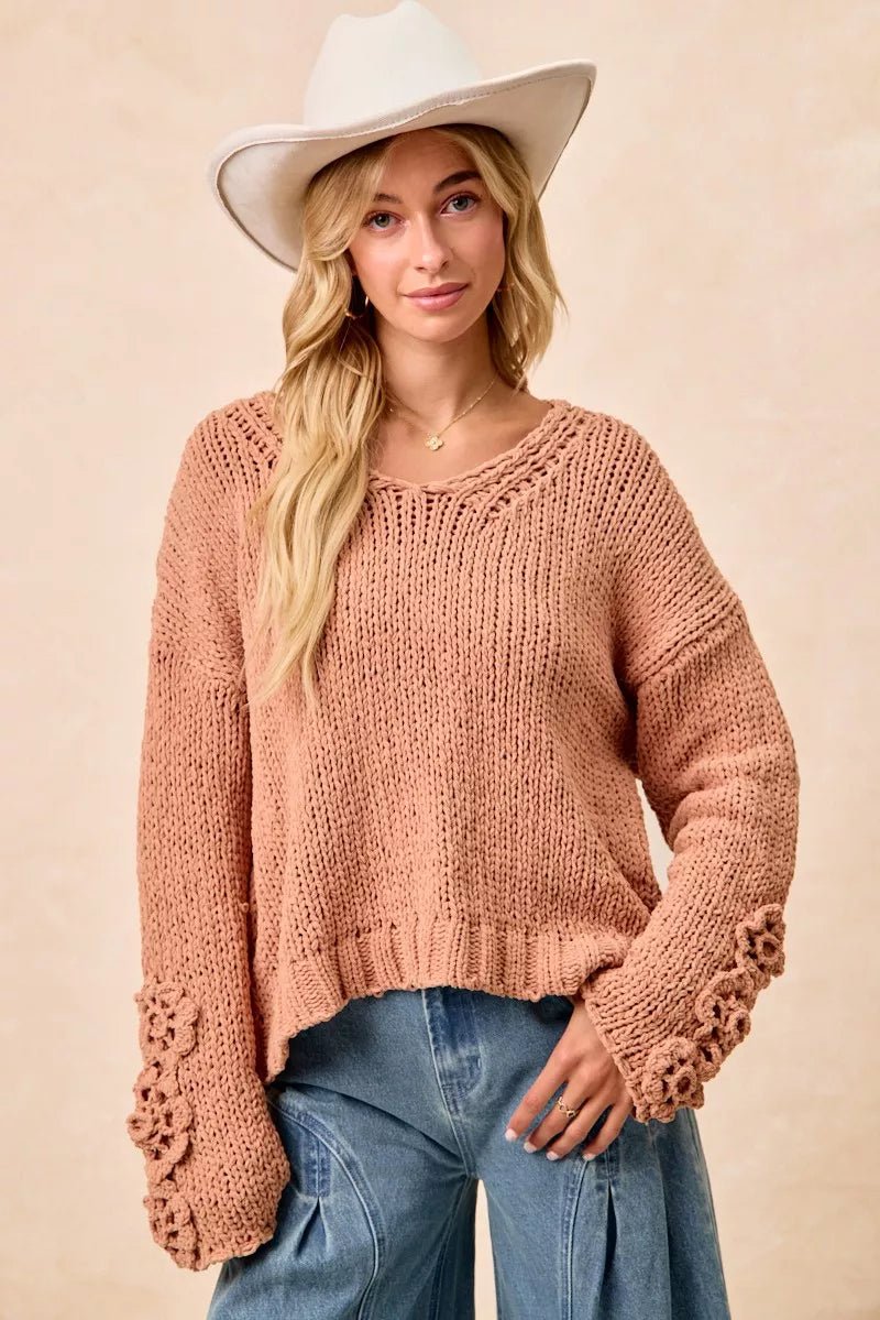 BiBi Chunky Knit Sweater with Flower Detail Sleeves - Bitsy Gypsy Boutique