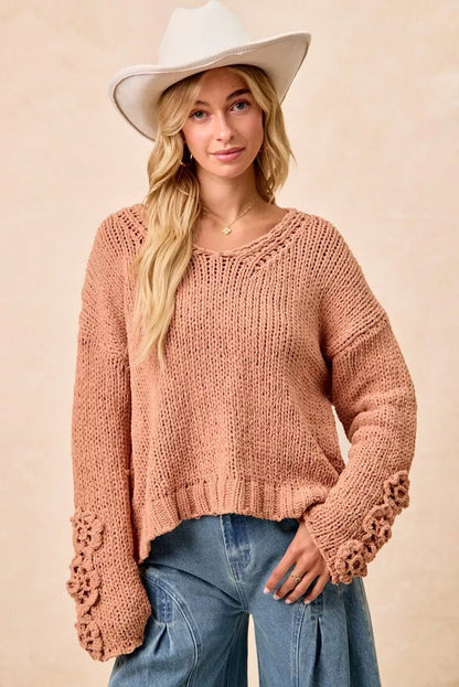BiBi Chunky Knit Sweater with Flower Detail Sleeves - Bitsy Gypsy Boutique