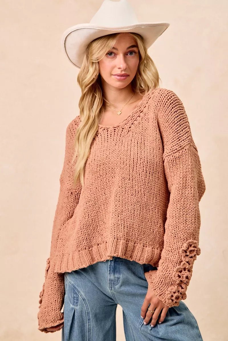 BiBi Chunky Knit Sweater with Flower Detail Sleeves - Bitsy Gypsy Boutique