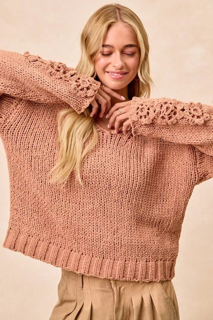 BiBi Chunky Knit Sweater with Flower Detail Sleeves - Bitsy Gypsy Boutique
