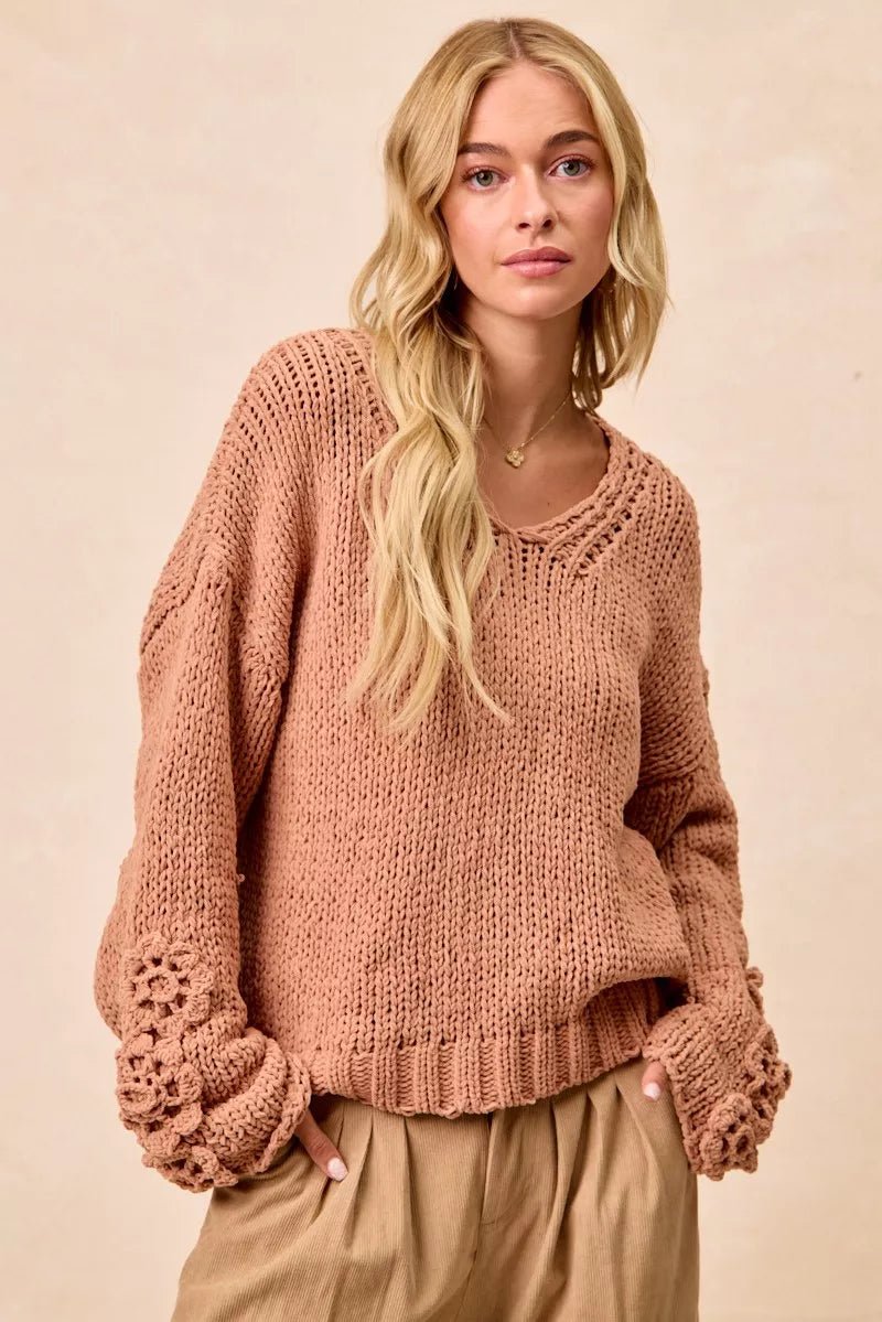 BiBi Chunky Knit Sweater with Flower Detail Sleeves - Bitsy Gypsy Boutique