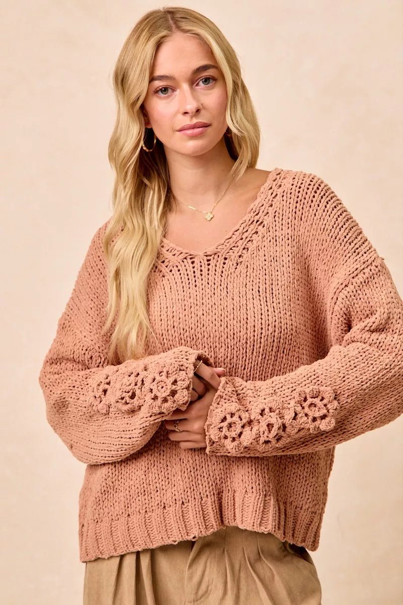 BiBi Chunky Knit Sweater with Flower Detail Sleeves - Bitsy Gypsy Boutique