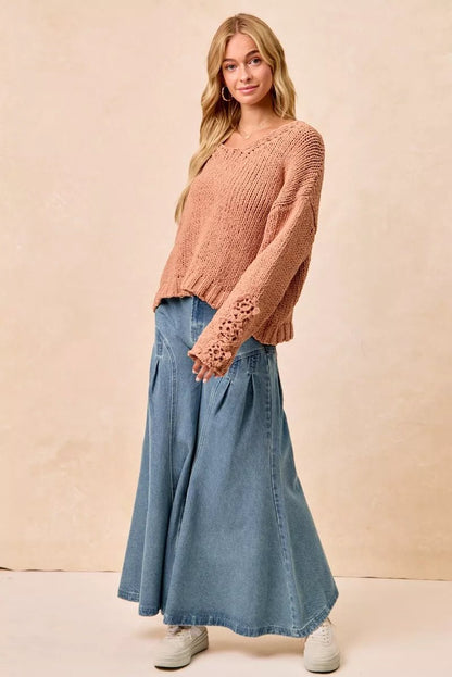 BiBi Chunky Knit Sweater with Flower Detail Sleeves - Bitsy Gypsy Boutique