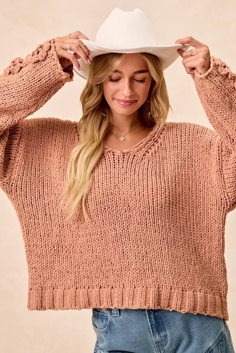 BiBi Chunky Knit Sweater with Flower Detail Sleeves - Bitsy Gypsy Boutique