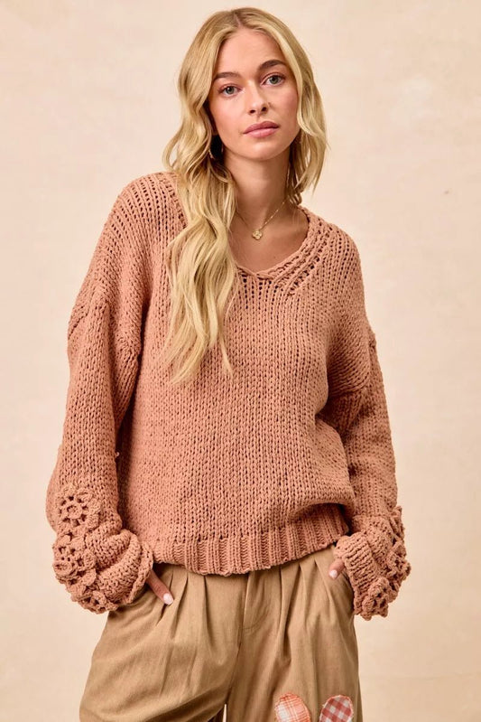 BiBi Chunky Knit Sweater with Flower Detail Sleeves - Bitsy Gypsy Boutique