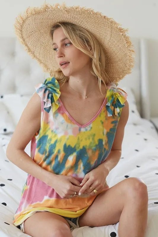 BiBi Circular Tie Dye Knit V Neck Top With Ruffle - Bitsy Gypsy Boutique
