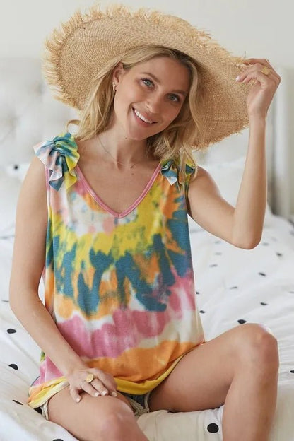 BiBi Circular Tie Dye Knit V Neck Top With Ruffle - Bitsy Gypsy Boutique
