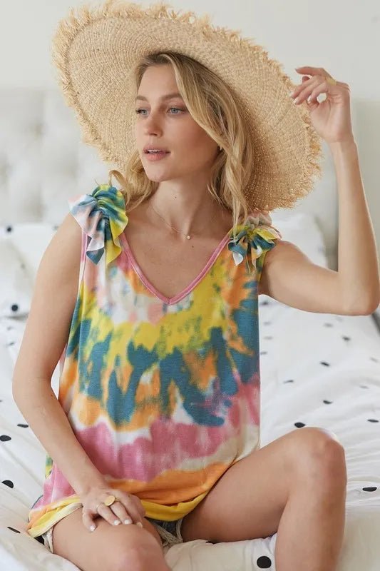 BiBi Circular Tie Dye Knit V Neck Top With Ruffle - Bitsy Gypsy Boutique