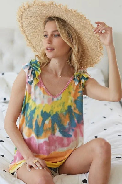 BiBi Circular Tie Dye Knit V Neck Top With Ruffle - Bitsy Gypsy Boutique