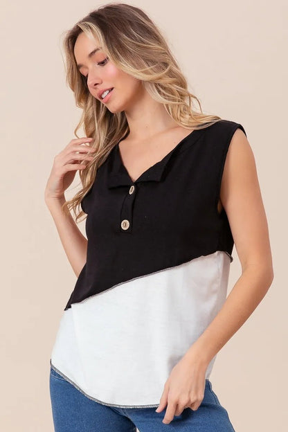 BiBi Color Block Contrast Stitching Buttoned Henley Top - Bitsy Gypsy Boutique