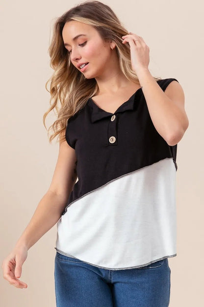 BiBi Color Block Contrast Stitching Buttoned Henley Top - Bitsy Gypsy Boutique
