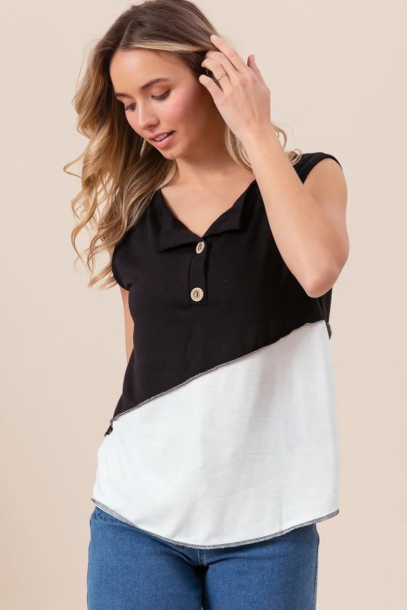 BiBi Color Block Contrast Stitching Buttoned Henley Top - Bitsy Gypsy Boutique