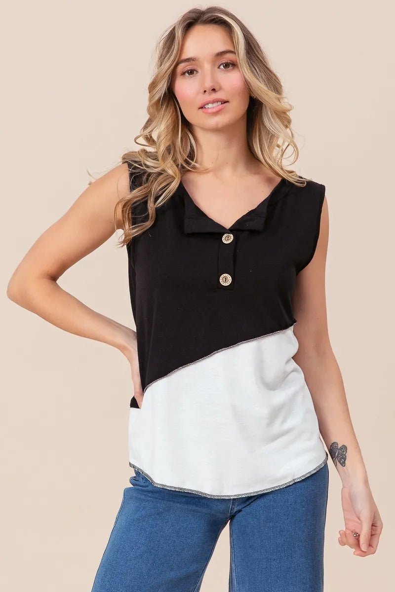 BiBi Color Block Contrast Stitching Buttoned Henley Top - Bitsy Gypsy Boutique