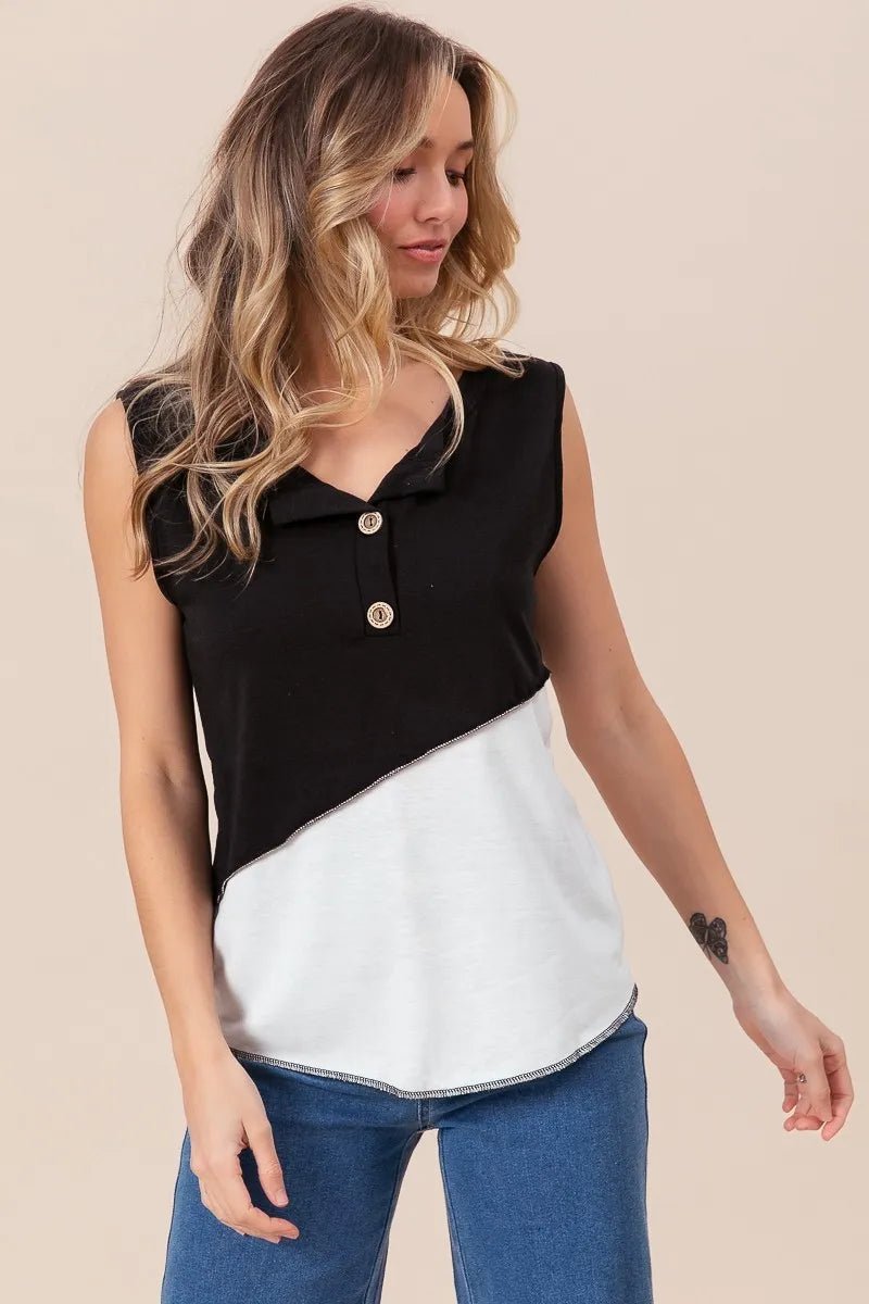 BiBi Color Block Contrast Stitching Buttoned Henley Top - Bitsy Gypsy Boutique