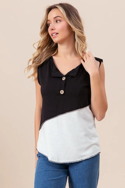 BiBi Color Block Contrast Stitching Buttoned Henley Top - Bitsy Gypsy Boutique