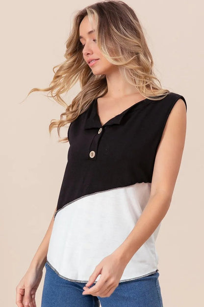 BiBi Color Block Contrast Stitching Buttoned Henley Top - Bitsy Gypsy Boutique