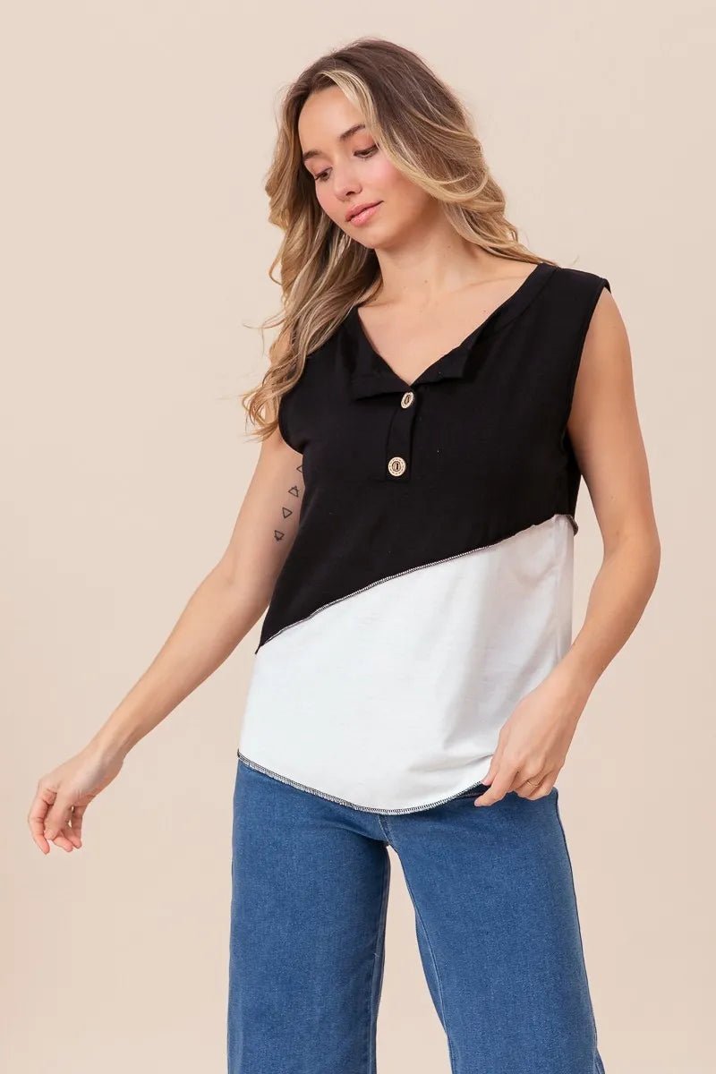 BiBi Color Block Contrast Stitching Buttoned Henley Top - Bitsy Gypsy Boutique