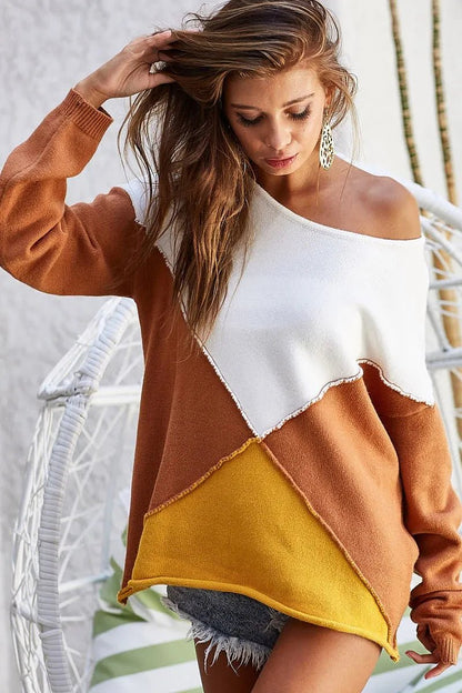 BiBi Color Block Geometric Sweater - Bitsy Gypsy Boutique
