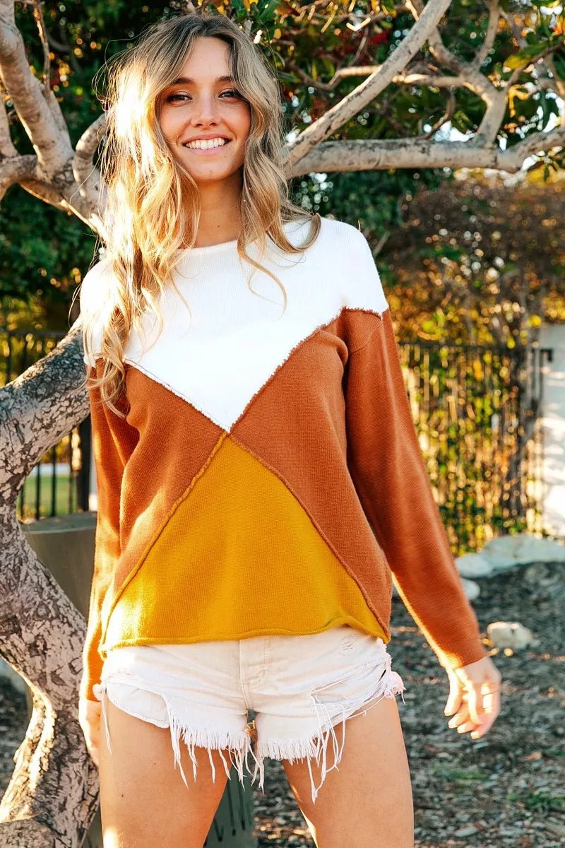 BiBi Color Block Geometric Sweater - Bitsy Gypsy Boutique